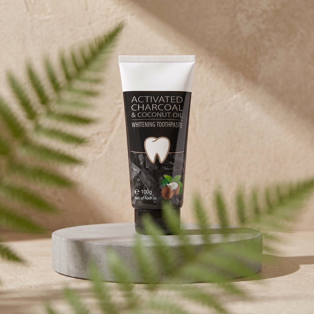 Close-up of LumySmile charcoal whitening toothpaste with fern
