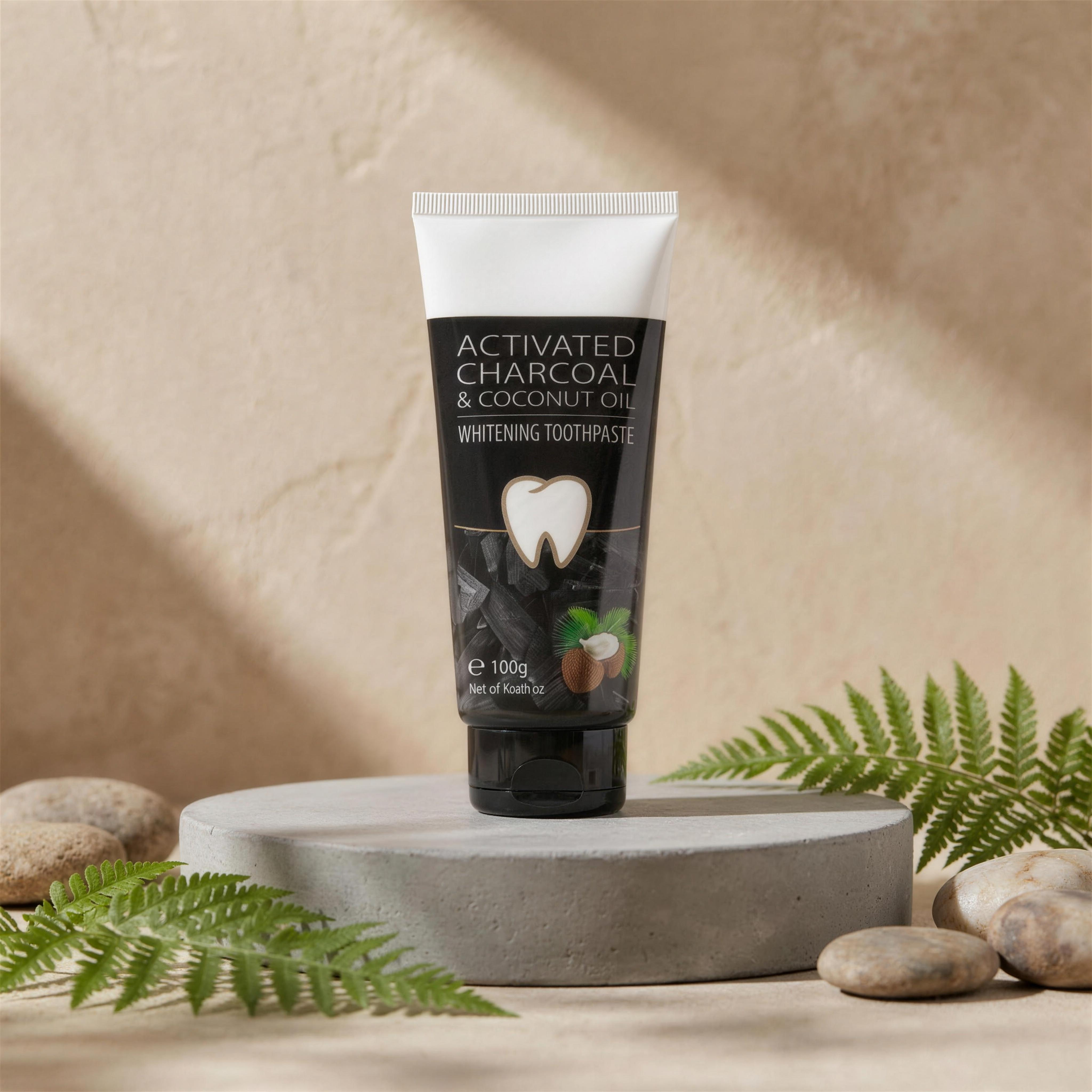 LumySmile charcoal whitening toothpaste on a natural stone pedestal with fern