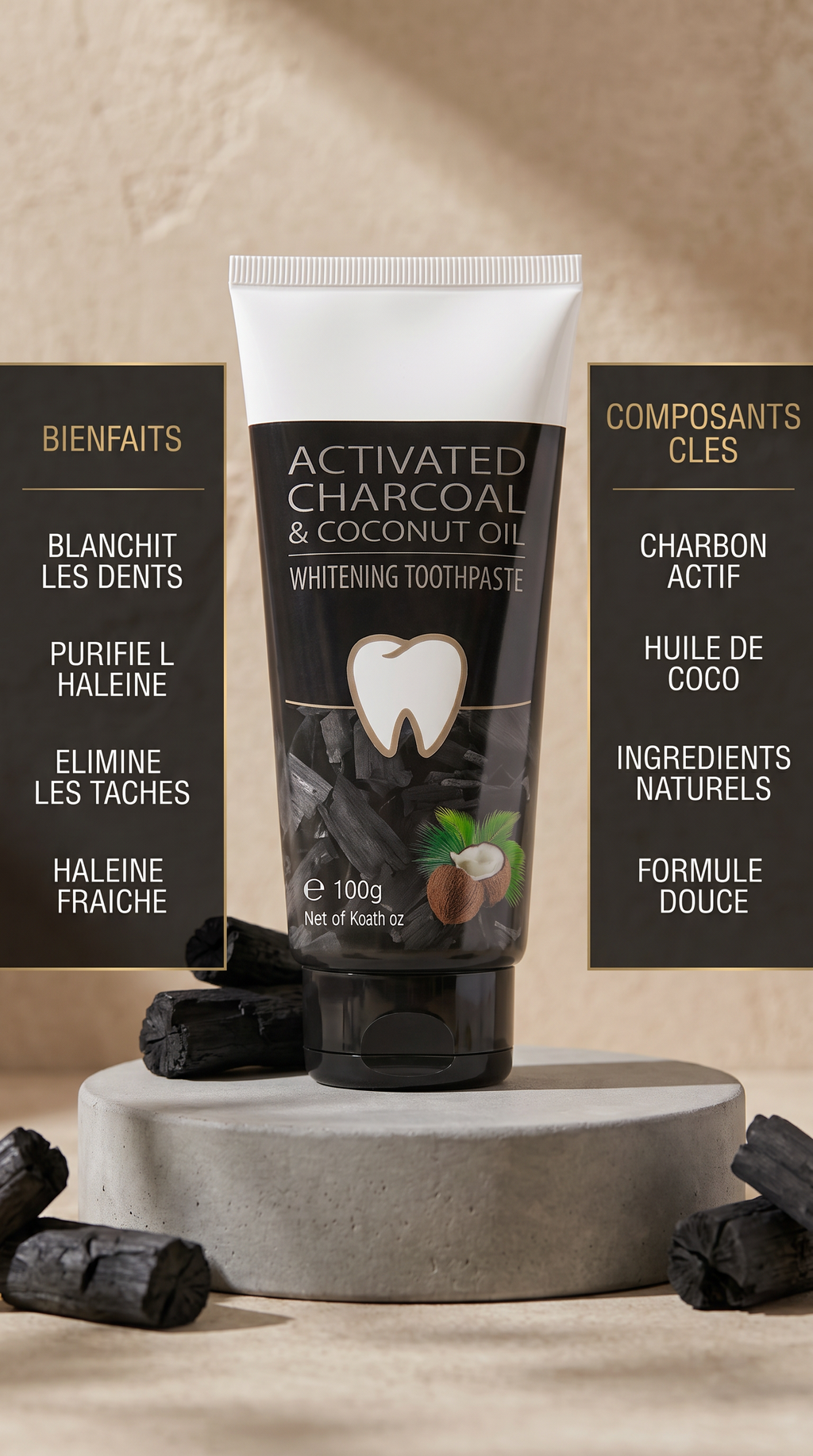 LumySmile charcoal toothpaste benefits and key ingredients — whitens teeth, purifies breath, activated charcoal and coconut oil
