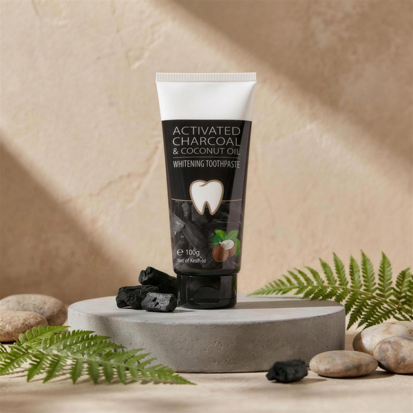 Charcoal & coconut oil whitening toothpaste tube with pieces of activated charcoal on a stone pedestal